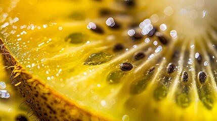A close-up of a ripe, juicy kiwi slice. This detailed, bright macro photo embodies concepts of fruit harvest, vegetarianism, healthy eating, and vitamins, creating an abstract food image.






