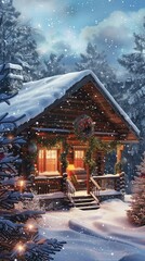 Wall Mural - This image shows a charming cabin nestled in a snowy winter forest. The cabin is decorated for Christmas with lights, wreaths, and ornaments. Snow falls gently around the cabin, adding to the magical 