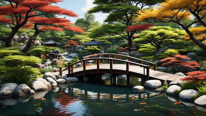Wall Mural - A tranquil Japanese garden with a koi pond, wooden bridges, and carefully manicured trees, providing a serene escape from the hustle and bustle, Generative AI