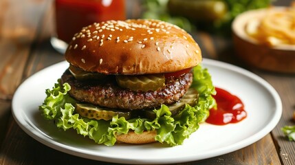 A prepared hamburger with lettuce tomato and pickles on a white plate with ketchup