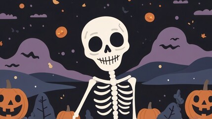 flat funny skeleton with halloween background