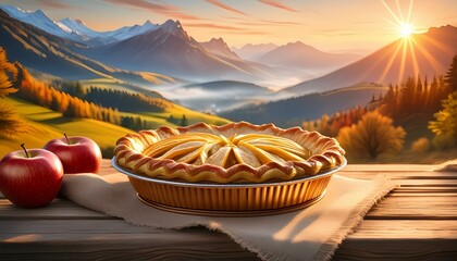 Apple pie on a wooden table in the mountains