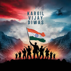 Wall Mural - Kargil Vijay Diwas, Post | Kargil Vijay, Poster, Kargil Vijay Diwas Poster, Banner, Indian flags and soldier silhouettes | Social Media Poster | Kargil Vijay Poster 