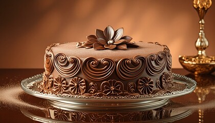 Wall Mural - decorated chocolate cake on a glass plate on the table