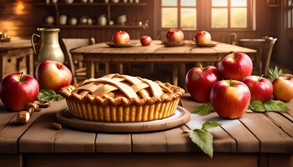 Wall Mural - Apple pie on a wooden table in a rustic style kitchen