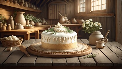Wall Mural - whipped cream cake on a wooden table in a rustic style kitchen