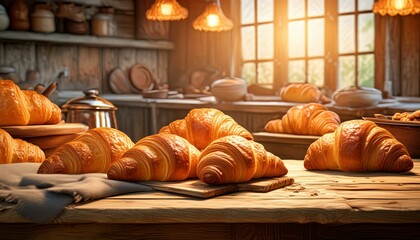 Wall Mural - breakfast with croissant on a wooden table in a rustic style kitchen