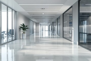 Modern office building with a large wide corridor and glass partitions inside