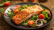 © HQ2X2 - Grilled Salmon Fillet on Fresh Salad. Healthy Salmon Salad with Vegetables