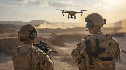 Two soldiers observe a drone hovering above them in a desert. Concept Military Operation, Surveillance Drones, Desert Landscape, Army Soldiers, Technology in Combat