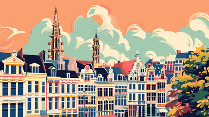 Risograph print travel poster illustration of Brussels, Belgium, modern, isolated, clear, simple. Artistic, stylistic, screen printing, stencil, stencilled, graphic design. Banner, wallpaper