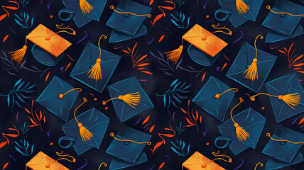 A seamless pattern of blue and orange graduation caps with tassels on a dark background, representing academic celebration and festivity.