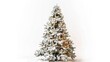 © vadosloginov - A snow-covered artificial Christmas tree is adorned with warm white lights. The tree stands against a white background, creating a festive and minimalist backdrop.
