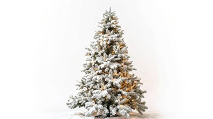 A snow-covered artificial Christmas tree is adorned with warm white lights. The tree stands against a white background, creating a festive and minimalist backdrop.