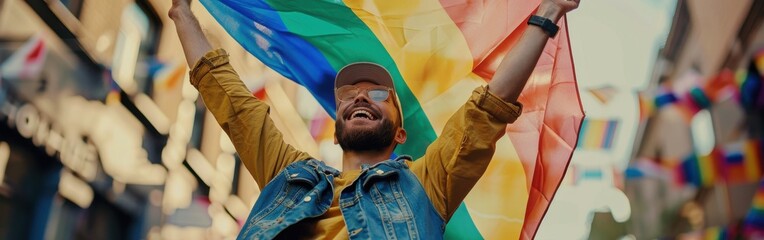 Poster - A man is holding a rainbow flag and smiling. Concept of joy and celebration, likely related to a pride event or a gay pride celebration