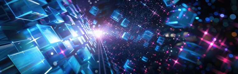 Leinwandbilder - A blue and pink background with many small cubes. The cubes are in different colors and sizes. The background is very bright and colorful