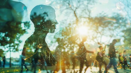 The image shows a silhouetted person walking through a crowded city park on a sunny day. The person is surrounded by other people, but their figure is prominent and outlined against the bright backgro