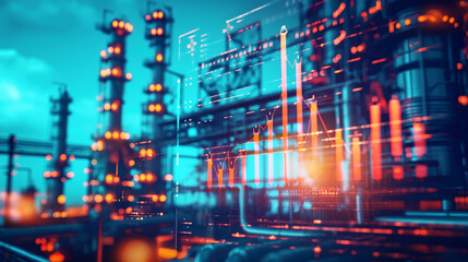 Abstract portrayal of an industrial site with an overlay of financial graphs and data visualizations glowing, symbolizing industrial analytics and economic performance.