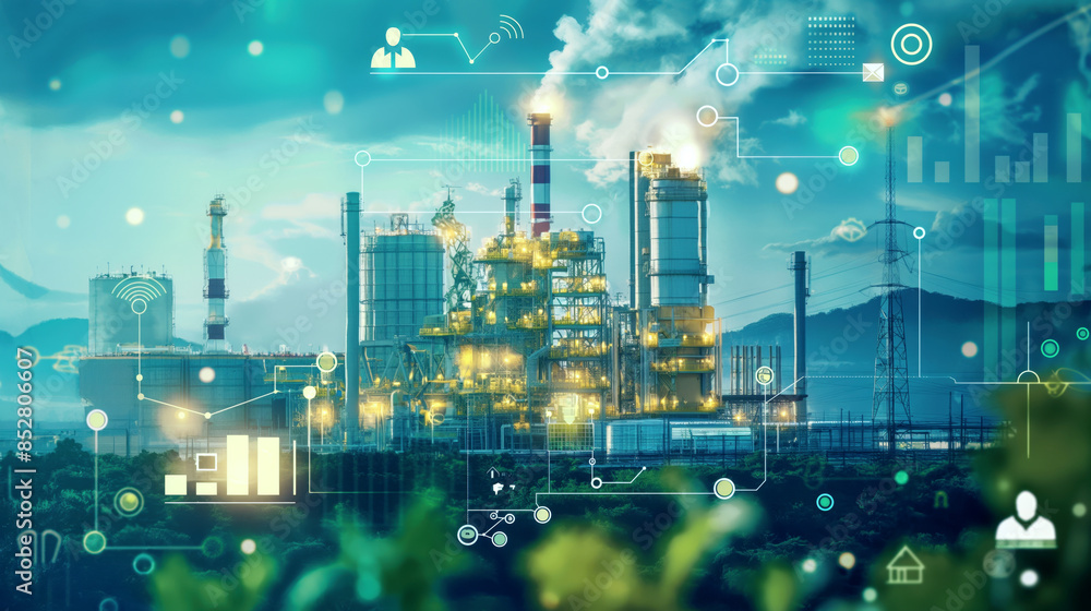 Refinery Computer Vision Industrial refinery with digital overlay of data analysis and ...