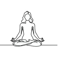 women performing yoga line art, Continuous line drawing of meditating girl, One line woman sitting in lotus pose yoga