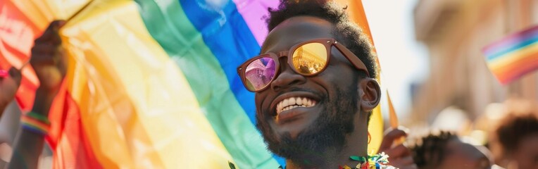 Poster - A man is holding a rainbow flag and smiling. Concept of joy and celebration, as the man is participating in a pride parade or a gay event. The rainbow flag symbolizes the LGBTQ community