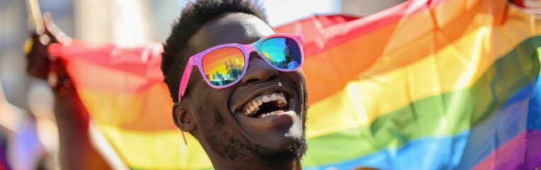 Poster - A man wearing sunglasses and holding a rainbow flag. He is smiling and he is happy. Concept of joy and celebration, likely related to a pride event or a rainbow-themed gathering