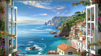 Wall Mural - A beautiful view of the ocean and a small town with a few birds flying in the sky