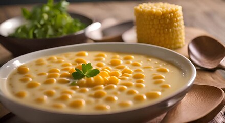 Wall Mural - Creamy corn soup served on a wooden table