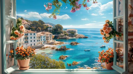 Wall Mural - A window view of a beach with a boat in the water. The view is serene and peaceful