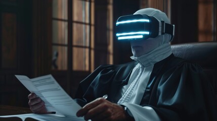 Aufkleber - A man in a black robe is wearing a virtual reality headset and reading a piece of paper. The scene is set in a courtroom, and the man is a judge or a lawyer