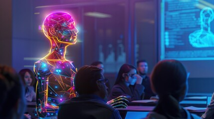 Aufkleber - A man stands in front of a group of people, with a robot in the background. The robot is made of wires and has a glowing head. The people in the room are looking at the robot