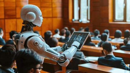 Leinwandbilder - A robot is holding a tablet in front of a crowd of people. The robot is white and has a human-like appearance