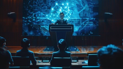 Aufkleber - A man stands at a podium in front of a large screen with a blue background. He is giving a speech to a group of people sitting in chairs. Scene is serious and formal