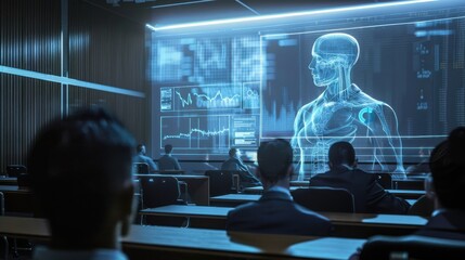 Aufkleber - A group of people are sitting in a classroom and looking at a computer screen that shows a human body. Concept of curiosity and interest in the subject matter, as the people are focused on the screen