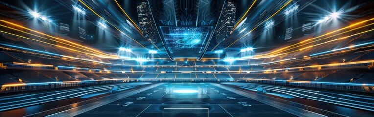Leinwandbilder - A stadium with a blue field and orange lights