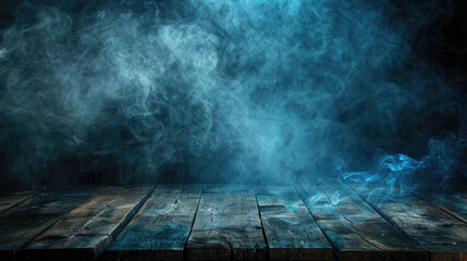 Blue smoke or fog on wooden table. Dark empty background.