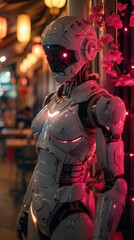 Poster - A robot with glowing red eyes stands in front of a wall of pink flowers. The robot is wearing a white suit and has a metallic appearance. The scene is set in a restaurant, with tables