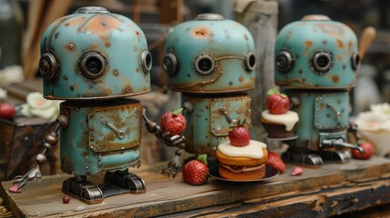 Fototapete - Four robots are holding strawberries and a cake. The robots are old and rusty, giving the scene a vintage and nostalgic feel