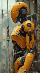 Poster - A yellow robot with a black face stands in front of a yellow building