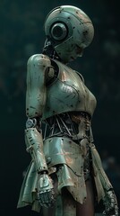 Leinwandbilder - A woman in a green robot costume stands in front of a crowd. The robot is wearing a pair of black pants and a green skirt. The woman's face is obscured by the robot's head, but her body is visible