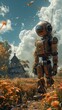 © vadosloginov - A robot is standing in a field of flowers. The robot is wearing a helmet and has a radio on its head. The scene is set in a rural area with a house in the background