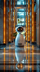Leinwandbilder - A robot is standing in a hallway with a reflection of itself in the floor. The robot is white and has a small head. The hallway is very bright and has a lot of light