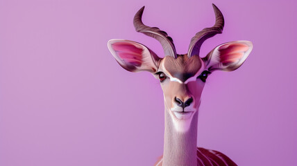 A cute kudu sitting on a solid pastel purple background with space above for text, Generative AI