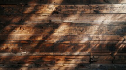 Wall Mural - Top view of brown wooden desk with natural plank textures and light shining through background with empty space
