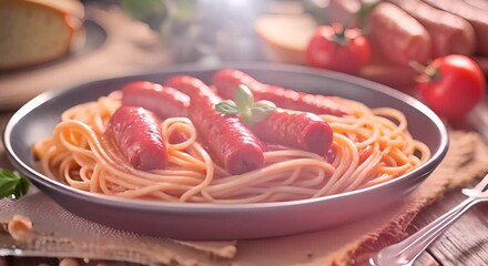Wall Mural - Sausage and spaghetti in tomato sauce served on a wooden table