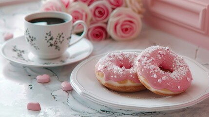 Wall Mural - Indulge in delightful heart shaped donuts paired perfectly with a piping hot cup of coffee