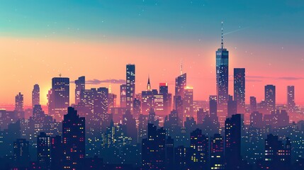 Wall Mural - a city skyline at dusk, with the silhouettes of skyscrapers outlined against a gradient sky transiti