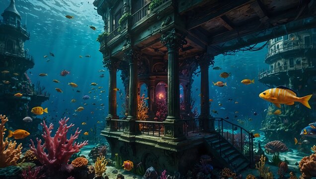 The vibrant colors of a bustling underwater city inhabited by fantastical sea creatures ai_generated