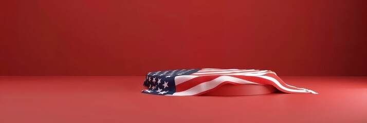 3D of the American flag draped on a podium with a detailed,textured design. The clear background and copy space allows for easy placement of text or other elements.
