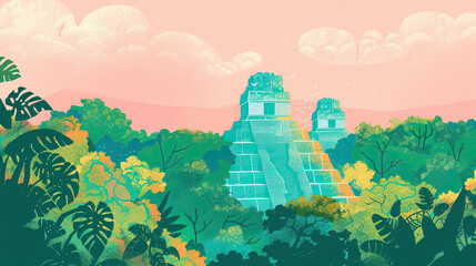 Risograph print travel poster illustration of Tikal, Guatemala, modern, isolated, clear, simple. Artistic, stylistic, screen printing, stencil, stencilled, graphic design. Banner, wallpaper